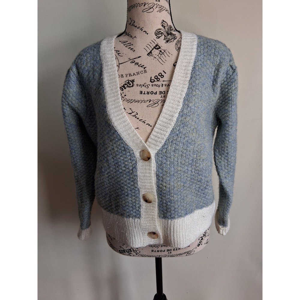 RD Style Blue White Marled Metallic Puff Shoulder V-Neck Cardigan Sweater Medium